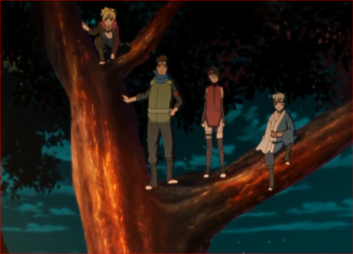 アニメBORUTO40話、木の上から動きを見張る第七班