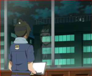 アニメBORUTO第46話、正面の警備を見下ろすデンキ、向かいのビルには第十班の同朋の姿が！