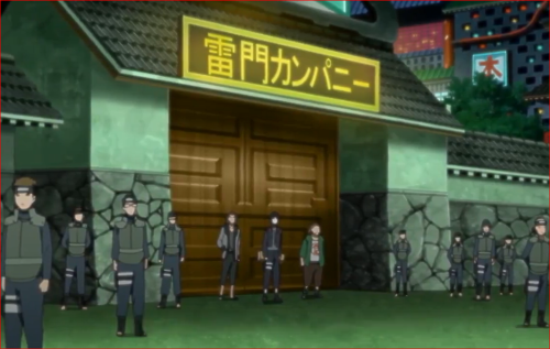 アニメBORUTO第46話、雷門カンパニー正面を固める警務部とキバ、サイ、チョウジ