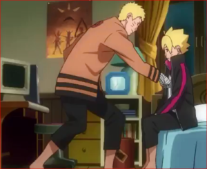 アニメBORUTO57話、ボルトの胸にタッチするナルト