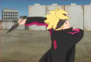 アニメBORUTO57話、敵の気配を察知してクナイを投げるボルト