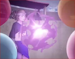 アニメBORUTO58話、風船を動かし、手裏剣をガードするユルイ2