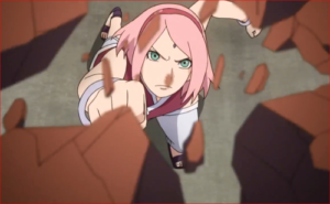 アニメBORUTO62話、崩れ落ちる屋根を桜花衝で打ち砕くサラダ