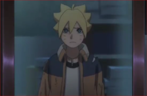 BORUTO63話、ナルトの上着を着て、鏡の前に立つボルト