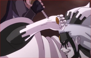 アニメBORUTO65話、モモシキの背後から刀で撃ち込むサスケ