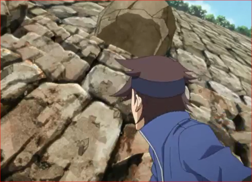 アニメBORUTO69話、トマルの上に落下する岩