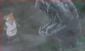 アニメBORUTO76話、石化した大蛇に驚くチョウチョウ