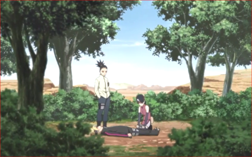 アニメBORUTO81話、森の中でボルトを介抱するサラダ